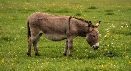 Fototapeta premium A single donkey, grazing peacefully in a vibrant green meadow dotted with wildflowers