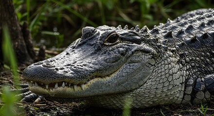 Obraz premium Close-up of a fearsome reptile with rough, armored skin and sharp teeth in a lush, green marsh