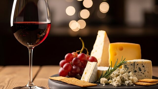 Elegant wine and cheese pairing composition with grapes and crackers on dark background