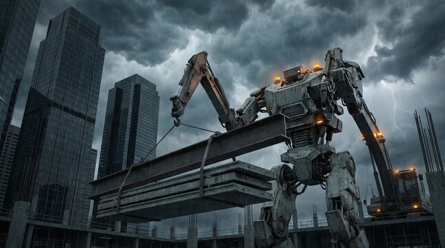Giant construction mech lifts heavy steel beams during dramatic city thunderstorm building site