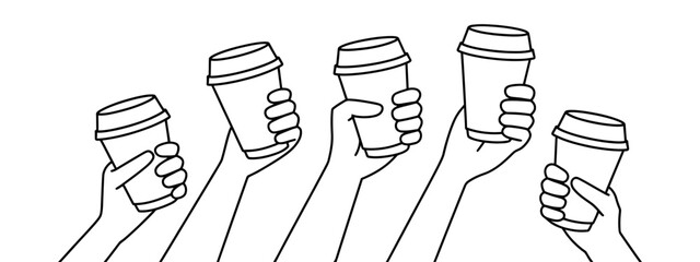 Line art illustration of hands holding disposable coffee cups in a toast, symbolizing celebration, unity, coffee break, camaraderie, and shared joy.