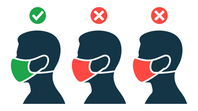 Illustration showing proper face mask usage, highlighting correct nose and mouth coverage versus common errors for disease prevention and public safety