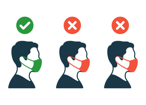 Proper face mask wearing illustration showing correct usage with a green checkmark and two examples of incorrect use with red crosses, for public health.