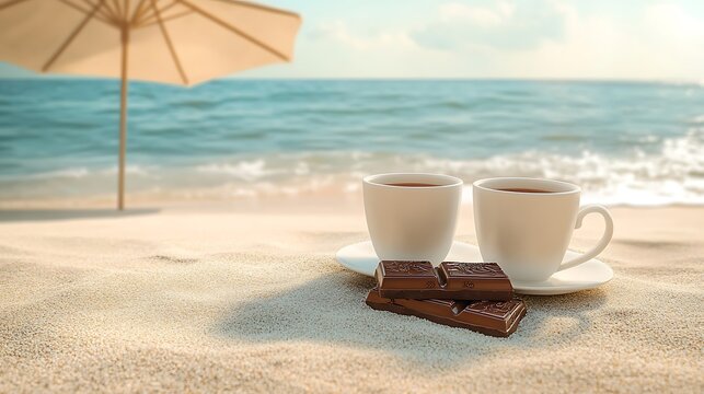 A pair of tea mugs and chocolate bars resting under a beach umbrella