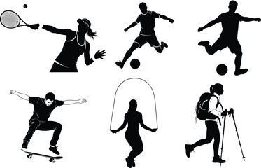 Obraz premium Diverse sports silhouettes tennis soccer skateboarding skipping and hiking