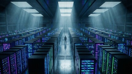 Silhouetted figure standing alone within massive futuristic data center rows glowing brightly