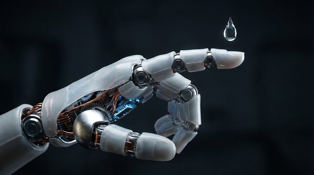 Advanced robotic finger gently touches a single suspended droplet of clear liquid - Powered by Adobe