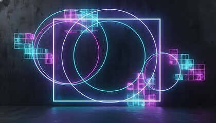 Abstract neon glowing geometric shapes with square, circles, and digital pixelated cube structures in vibrant pink and blue light on a textured concrete background.