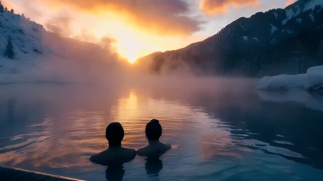 Hot spring vacation relaxation. A tranquil winter scene featuring two individuals immersed in a serene blue pool surrounded by snowcovered mountains and a misty atmosphere.