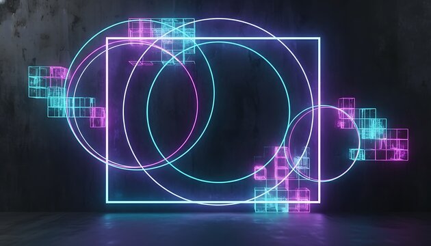 Abstract neon glowing geometric shapes with square, circles, and digital pixelated cube structures in vibrant pink and blue light on a textured concrete background.