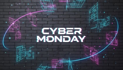 Cyber monday digital marketing banner with glitch effect text, neon geometric shapes, and dynamic lines on a dark brick wall background for online sales promotion.