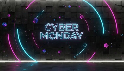 Cyber monday glowing neon text on a dark textured background with abstract geometric shapes and vibrant pink and blue lines, perfect for online shopping sales