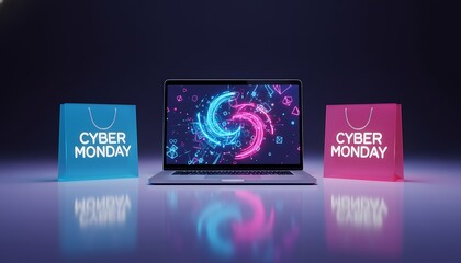Cyber monday online shopping. laptop with neon blue and pink abstract display, flanked by "cyber monday" bags on reflective surface. symbolizes digital sales and e-commerce.