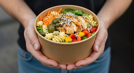 Close-up of hands holding a food bowl filled with grilled chicken and salad ingredients