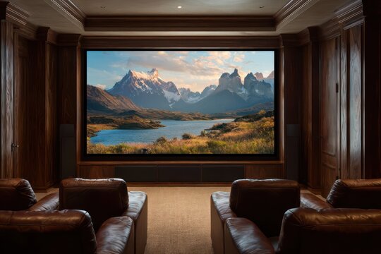 Luxury Home Theater with Leather Seating and Scenic Mountain View