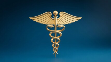 Professional gold caduceus symbol on blue background for medical healthcare branding and pharmaceutical designs showing wellness and healing in a modern style
