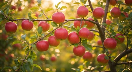 Obraz premium Close-up of a tree laden with ripe, red fruit, illuminated by golden sunlight