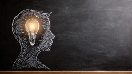 Creative concept of human head silhouette with glowing light bulb idea