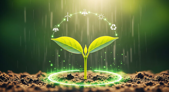 Sustainable growth concept with plant and renewable energy icons above