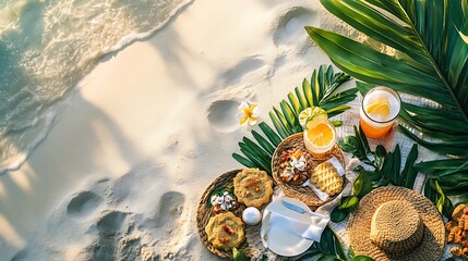 A picnic spread with tropical leaves cookies and refreshing drinks on beach