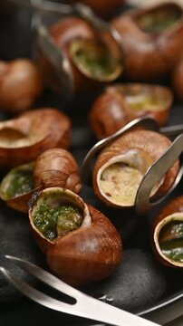 French stuffed snails in shells served on black stones. Close-up food video showing the dish on a plate and a fork taking one snail