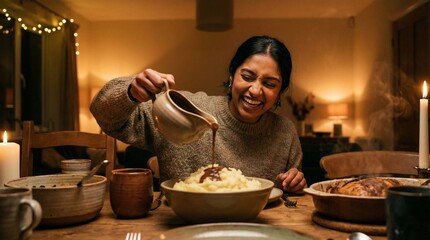 Woman happily pours rich brown gravy over mashed potatoes at cozy dinner table