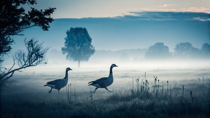 Two geese walking through a misty field at dawn
