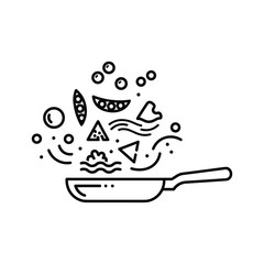 Frying Pan with Tossed Vegetables & Ingredients - Line Art Cooking Icon