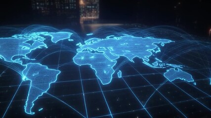 Glowing digital world map projection over dark technological surface with distant city lights - Powered by Adobe