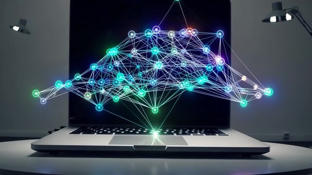 Neon network nodes float above laptop keyboard. Graphic design of technology web structure. Colorful design lights show graphic laptop interface. Complex graphic design floats on screen.
