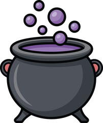 Dark grey vector cauldron bubbling with vibrant purple liquid and magical smoke for potion brewing