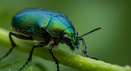Close-up macro of a shiny, metallic green beetle on a blurred green plant stem