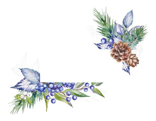 Fototapeta premium Watercolor winter frame with hand-painted fir and leaf branches, fir cones, berries, snowberry, and silver elements on a transparent background.