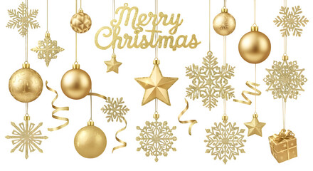 Elegant golden christmas ornaments and merry christmas text on black background