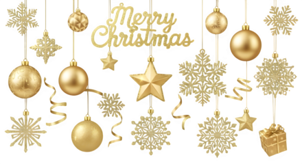 Elegant golden christmas ornaments and merry christmas text on black background
