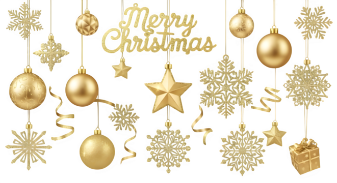 Elegant golden christmas ornaments and merry christmas text on black background