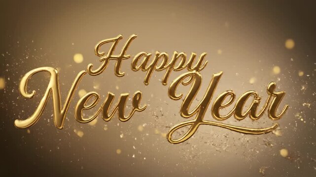 Elegant golden happy new year text animation. Flowing liquid gold letters splashing and sparkling. Festive new year greeting title sequence for holiday videos and celebrations.