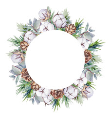 Watercolor winter frame with hand-painted cotton, fir and eucalyptus branches, and fir cones on a transparent background. Botanical frame for a print design.