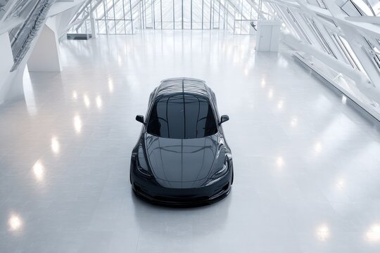 Fototapeta Futuristic Matte Black Concept Car in Minimalist Showroom