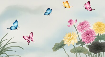 Fototapeta premium Artistic depiction featuring butterflies above vibrant flowers