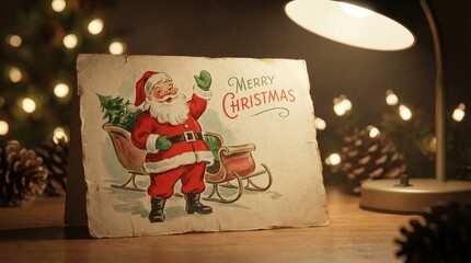 Vintage Merry Christmas card featuring Santa Claus beside his sleigh illuminated by warm light