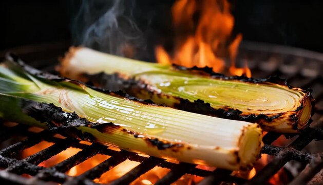 Grilling leeks with flames on a hot barbecue grill vegetable cooking