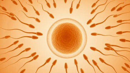Dramatic representation of human fertilization with sperm approaching an egg cell, a powerful visual for science, medicine, and education resources