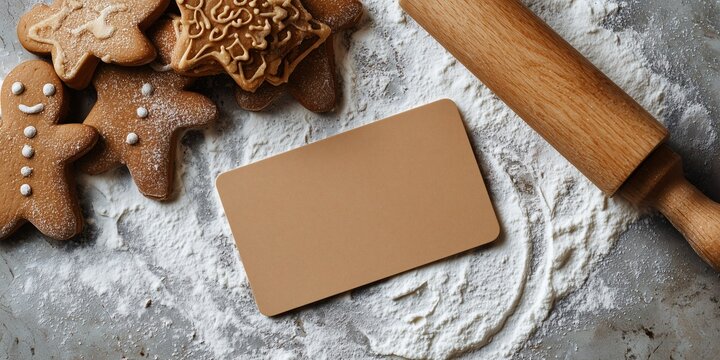 An overhead shot of a blank, vertical gift card mockup surrounded by freshly baked gingerbread cookies and a rolling pin on a floured wooden counter