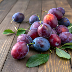 Obraz premium A group of fresh plums with stems and green leaves arranged on a rustic wooden surface table top