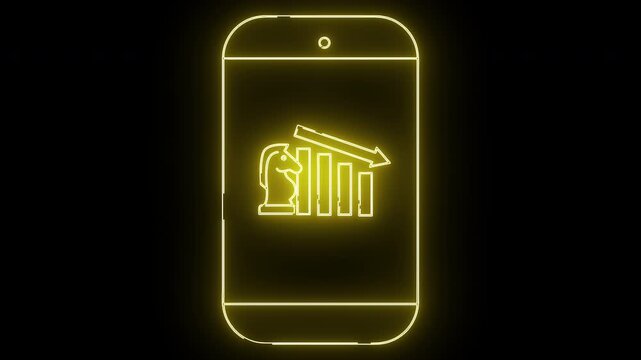 Yellow neon outline of a smartphone displaying a chess piece chart bars and a downward arrow