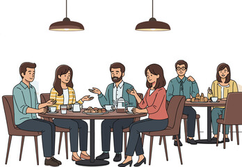 Group of Friends or Business Colleagues Vector Illustration Meeting and Discussing Over Coffee, Tea, and Pastries at a Table in a Cozy Cafe.