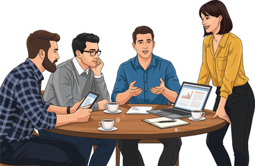 Business Team Meeting Vector Illustration Featuring Diverse Colleagues Discussing Strategy, Analyzing Data on Laptop, and Working Together Over Coffee.