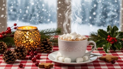 Fototapeta premium Steaming cup of cocoa with marshmallows on a table with Christmas decoration and falling snow outside window. Winter holiday drink.