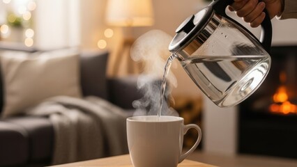Man pouring hot water from a glass kettle into a cup. Warm drink preparation in a cozy home environment with fireplace.
